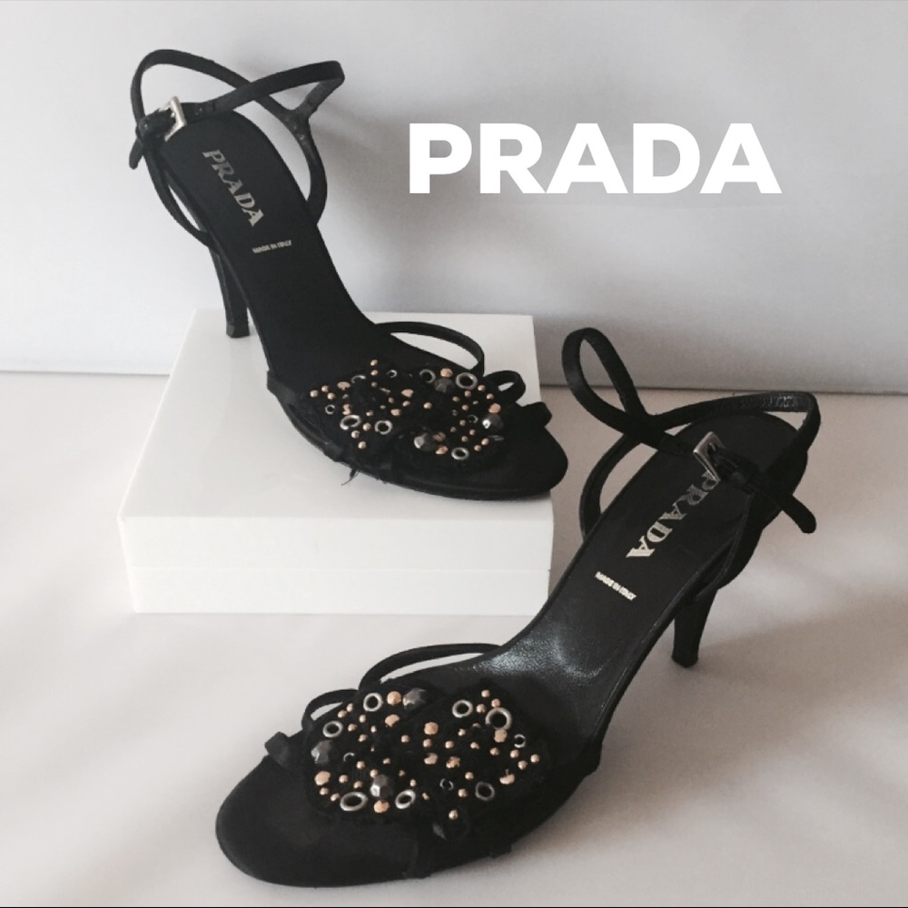 Prada Suede Heels. Black Gold & Silver Fabric  38